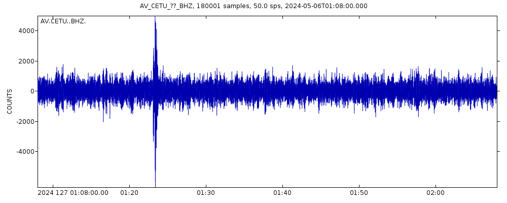 Seismic station Tuman Head, Cerberus Volcano, Alaska: seismogram of vertical movement last 60 minutes (source: IRIS/BUD)