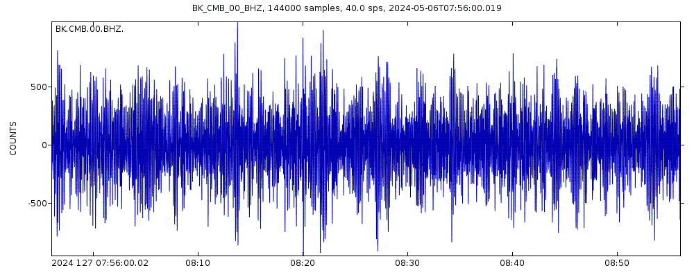 Seismic station Columbia College, Columbia, CA, USA: seismogram of vertical movement last 60 minutes (source: IRIS/BUD)
