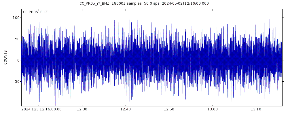 Seismic station Puyallup River 05: seismogram of vertical movement last 60 minutes (source: IRIS/BUD)