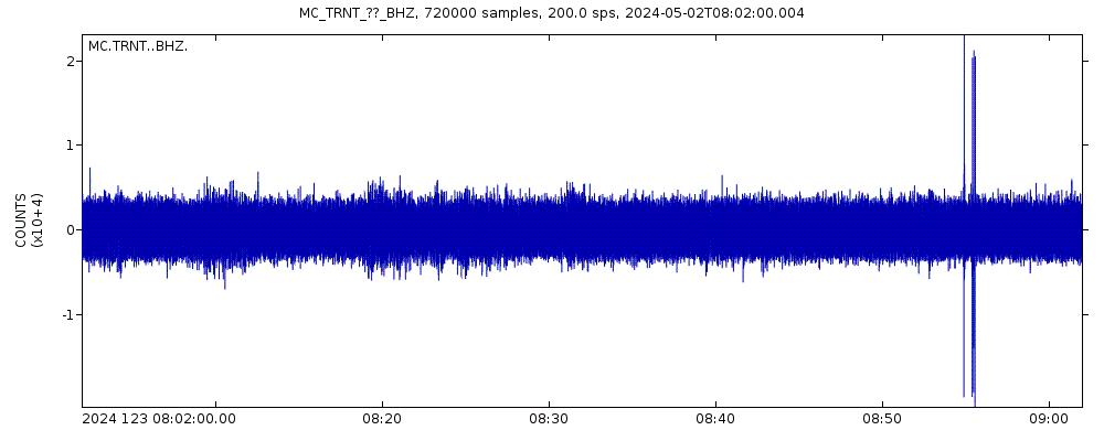 Seismic station Trants Estate, Montserrat: seismogram of vertical movement last 60 minutes (source: IRIS/BUD)