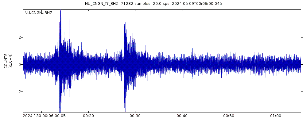 Seismic station Volcan Cerro Negro, Nicaragua: seismogram of vertical movement last 60 minutes (source: IRIS/BUD)